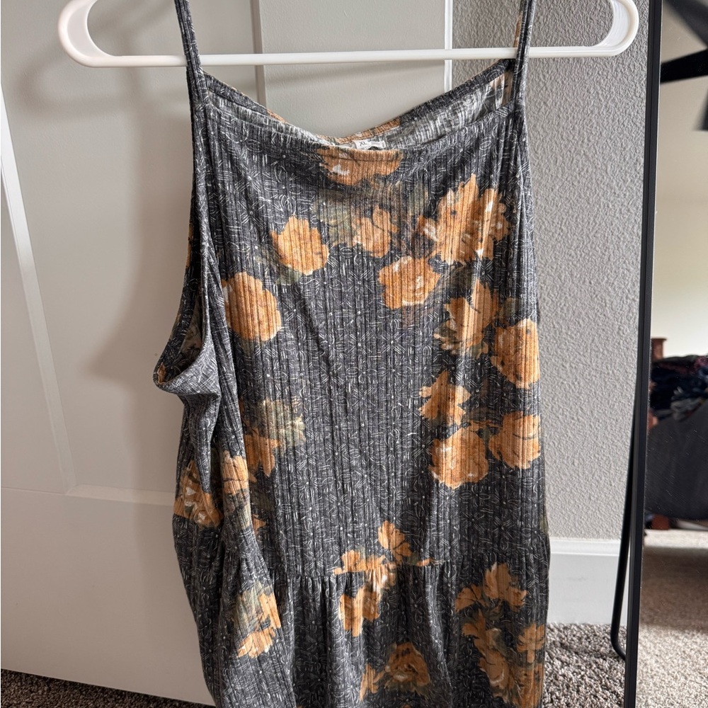 Gray Floral Ribbed Tank with Mustard Blooms
